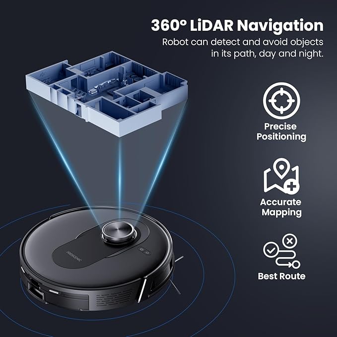 Proscenic Q8 Robot Vacuum Cleaner with Mop, Ultra Strong 6000Pa Robotic Vacuum with Lidar Navigation, 5 Real-Time Mapping, WiFi/Alexa/APP Remote Control Robot Hoover for Floor Carpet Pet Hair