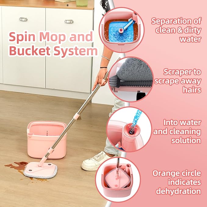 KZKR Spin Square mop and Bucket System with Wringer Set for Home with 10 Mop Pads (Pink)
