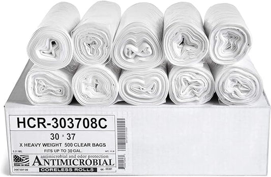 Aluf Plastics High Density Trash Bags, 30 Gallon, 500 Count, 8 Micron (eq), 30" x 37", Clear, for Bathroom, Office, Industrial, Commercial, Janitorial, Municipal, Recycling