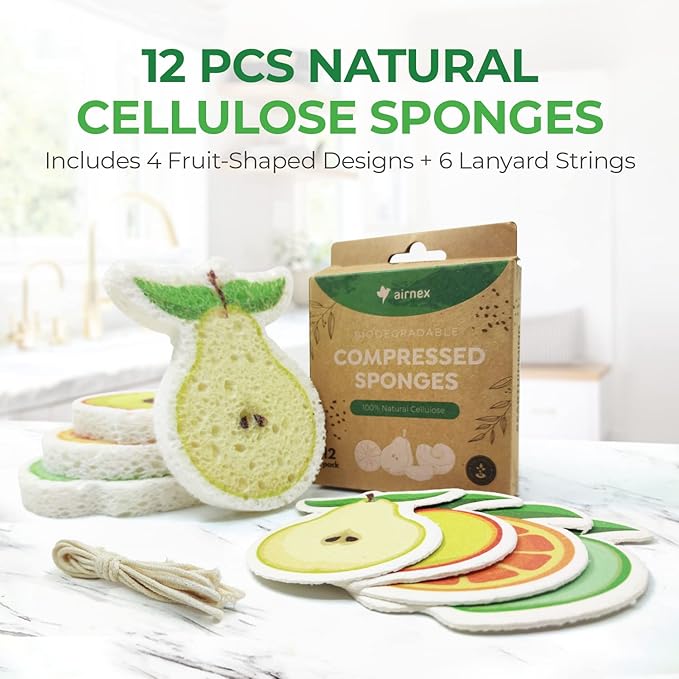 AIRNEX Biodegradable Cellulose Compressed Sponges Bulk - Fruit Shaped Kitchen Pack of 12 - Eco Friendly, Odor Free, Natural, Pop Up Compostable Scrubbers for Washing Dishes