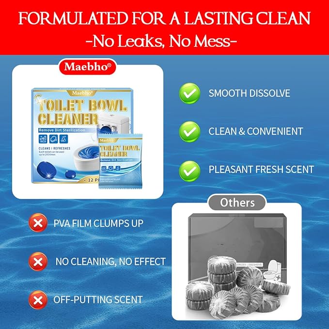 Maebho Automatic Toilet Bowl Cleaner Tablets,Blue Gel In-Tank Cleaner, Removes Hard Water Rings & Stains, Septic Safe, Cleaning & Deodorize, Fresh Scent, 12-Pack,50g Each