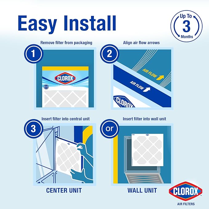 Clorox 12x12x1 Air Filter, MERV 11 Pleated HVAC AC Furnace Air Filters, MPR 1000 & FPR 7 – Pack of 4