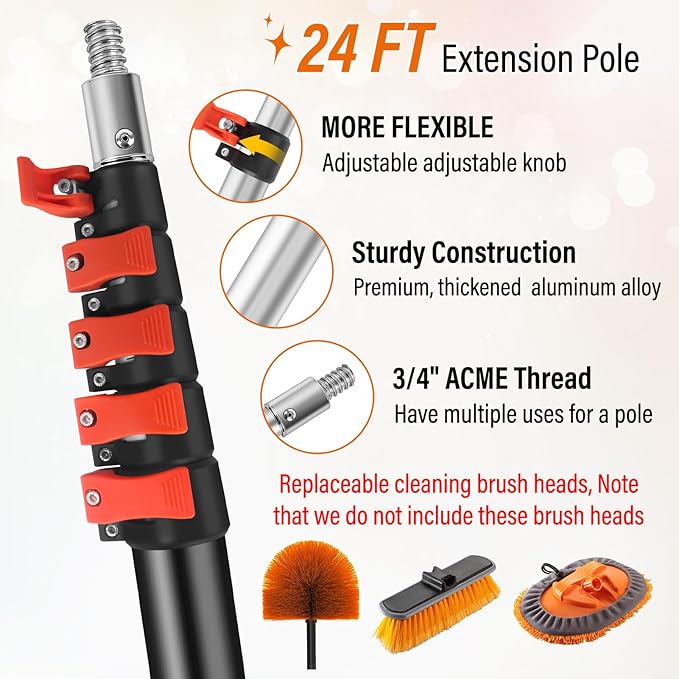 30FT High Window Cleaning Kit with Pole,2 in 1 Window Squeegee for Window Cleaning,5-24FT Professional Window Clean Pole Kit Include Replacement,180°Rotatable Squeegee for Indoor/Outdoor High Windows