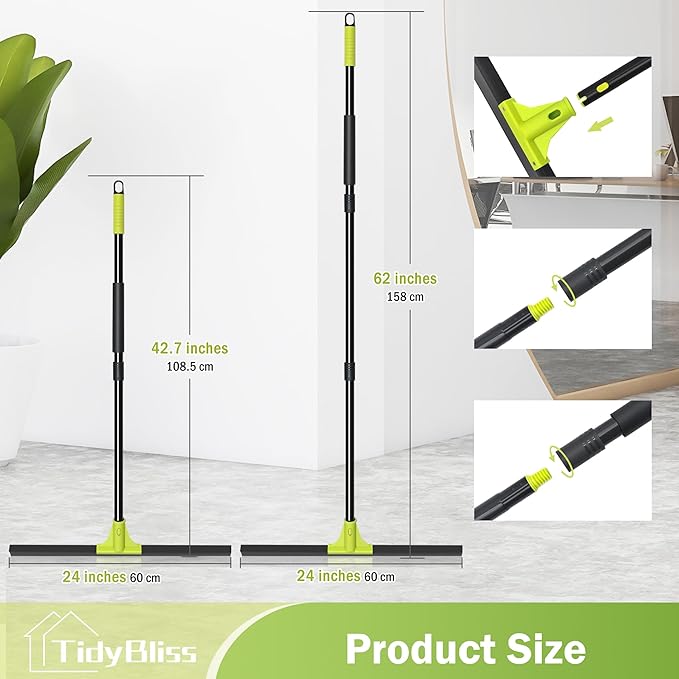 TidyBliss Floor Squeegee Heavy Duty, 24” Rubber Foam Water Scraper Broom, Epoxy Wiper Mop with 62 inches Long Handle for Cleaning Concrete Pool Rug Garage Deck Shower Window Outdoor Indoor (Green)