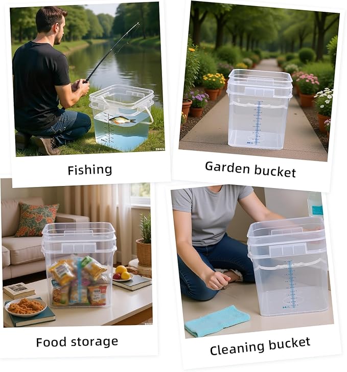 ASEVAT 1Gal 2Pack Clear Bucket Graduated Pail Container with Lid, Square Food Grade Buckets, Cleaning Containers Plastic Pails Extra Durable Handles with Grip for Easy Carrying