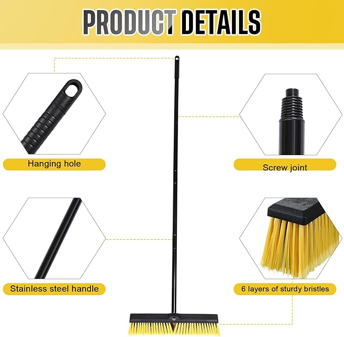 Zhehao 10 Pack 18 Inches Push Broom Outdoor, Multi Surface Garden Brush Broom with Adjustable 63" Long Handle for Deck, Driveway, Patio, Warehouse, Garage, Yard, Concrete Floor Cleaning (Yellow)