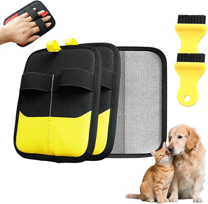 Pet Hair Removal Glove, 2026 Upgraded Electrostatic Pet Hair Remover Glove with Brush, Pet Hair Remover Pocket Storage for Pet Hair Remover Tool on Carpet, Clothing, Couch, Car Seat (Yellow, 2Pcs)