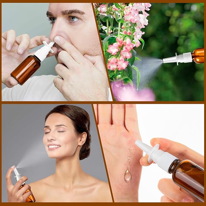 60 Pcs Nasal Spray Bottle Empty, Brown Glass Refillable Fine Mist Nasal Spray Bottles with 12 Funnels and 12 Labels (30ML/1oz)