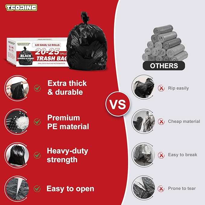 T.FORING Black Trash Bags 20-25 Gallon 120 Count - 30" x 33" Large Kitchen Garbage Bags, 20+ Gallon Trash Can Liners Unscented, Multipurpose for Home, Office, Daily Household Use