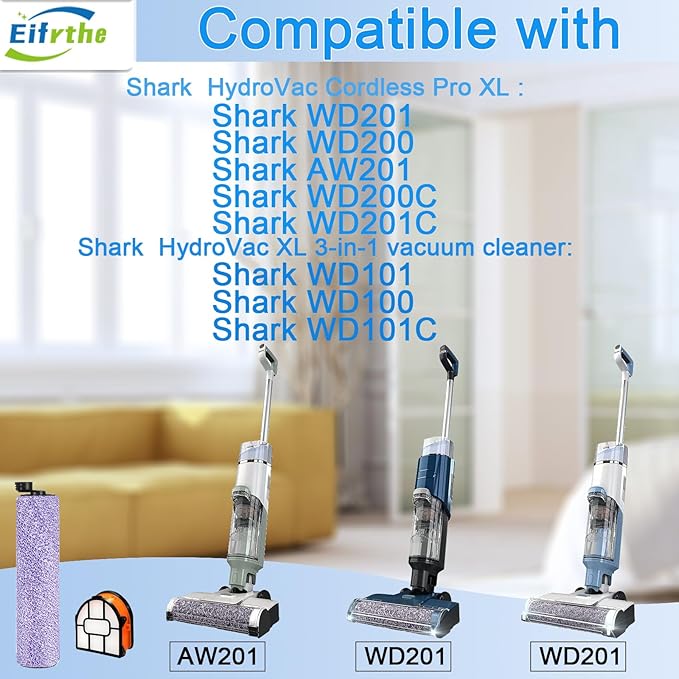 WDB1F2 Replacement Brushroll & Filte Bundle for Shark HydroVac WD101 WD201 WD100 WD200 AW201 WD200C WD201C WD101C AW261 wd160 XL 3-in-1 vacuum cleaner, compare parts WDB1, WDB2, WDFF1, WDFF2, WDB1F2