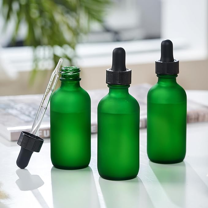 12 Pcs, 2oz Glass Dropper Bottle, Leakproof Tincture Bottles with Dropper, Green Reusable Eye Dropper Bottle, Preety Frosted Texture, for All Kinds of Liquids (Green-Frosted, 2oz-12pcs)