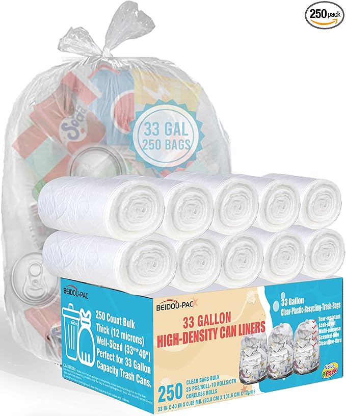BEIDOU-PAC 33 Gallon Trash Bags, 250 Count Bulk, Heavy Duty Clear Plastic Recycling Garbage Bags, Multi-purpose Can Liners for Business Home Commercial, Industrial Contractors, Storage & Outdoor