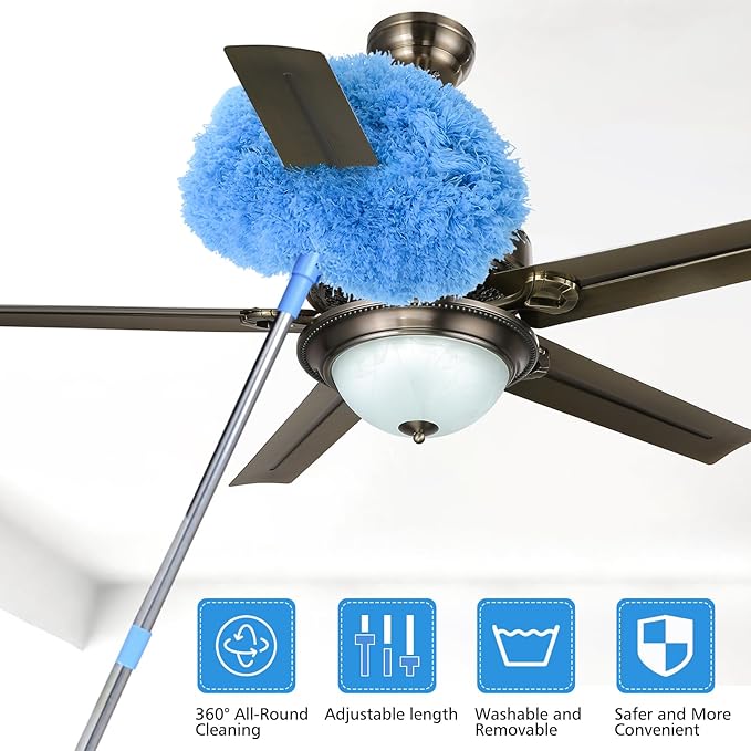 Ceiling Fan Cleaner Duster & Cobweb Duster with Extension Pole 15" -100" Reusable Microfiber Ceiling Fan Blade Cleaner Removable Duster (Blue) for Cleaning High Ceiling Fan Interior Roof Spider Web
