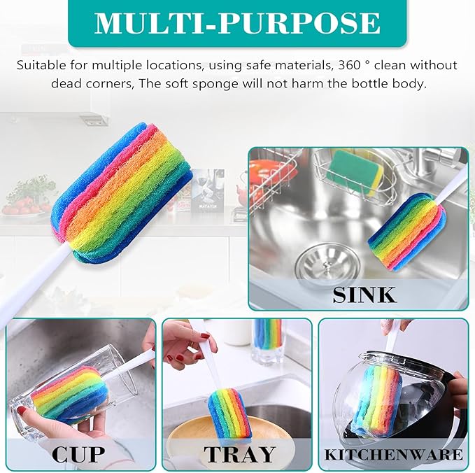 Bottle Brush Cleaner 4PCS Sponge Cleaning Brushes Long Handle Scouring Pad Scrub Brushes for Kitchen Clean Baby Bottle Glasses Mugs Cups (4 PCS)
