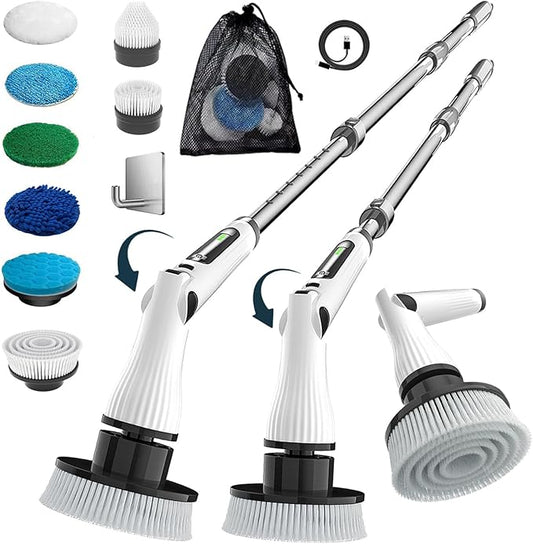 Electric Spin Scrubber, Cordless Cleaning Brush, Rechargeable Scrub Brush with 8 Replaceable Brush Heads, Adjustable Length and Angle Power Scrubber for Bathroom Tile Bathtub Glass