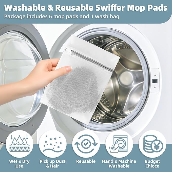 Nicemiya 6 Pack Reusable Mop Pads Compatible with Swiffer Sweeper, Washable Wet & Dry Mopping Sweeping Cloth for Multi-Surface Cleaning, Microfiber Chenille Pad Refills (Gray, Not Include MOP)