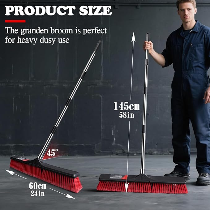 MASTERTOP 24" Push Broom Outdoor, Heavy Duty Garden Brush Broom with 58" Long Handle and Stiff Bristles,Commercial Outdoor Broom for Deck Driveway Garage Yard Patio Warehouse Concrete Floor Cleaning