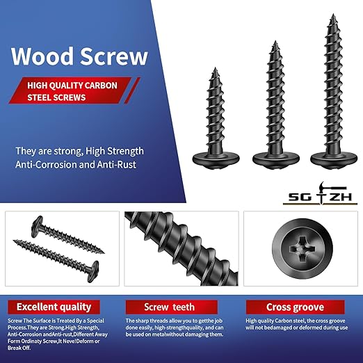 8 x 1-1/4" Wood Screw 500Pcs Alloy Steel Standard Thread Truss Head Fast Self Tapping Black Oxide by SG TZH