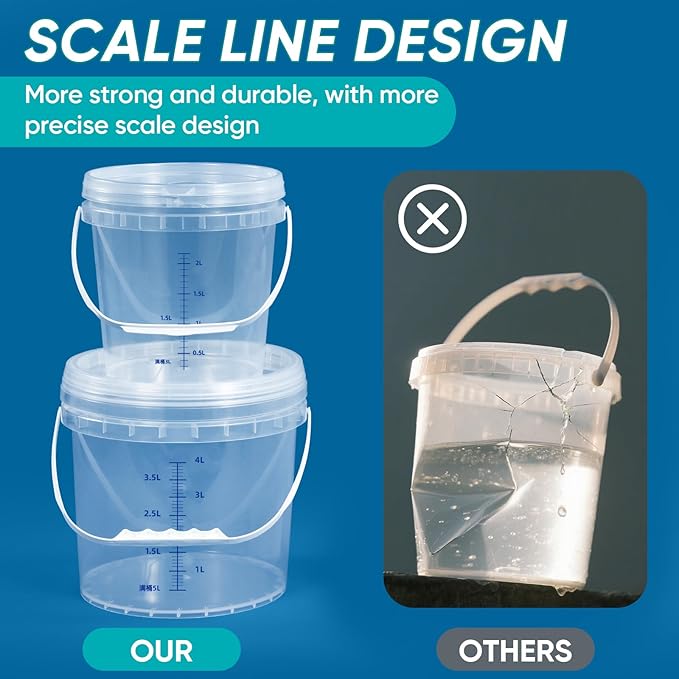 ASEVAT 4Pack Clear Bucket Graduated Pail Container with Lid, Food Grade Buckets, Cleaning Containers Plastic Pails Extra Durable Handles with Grip for Easy Carrying