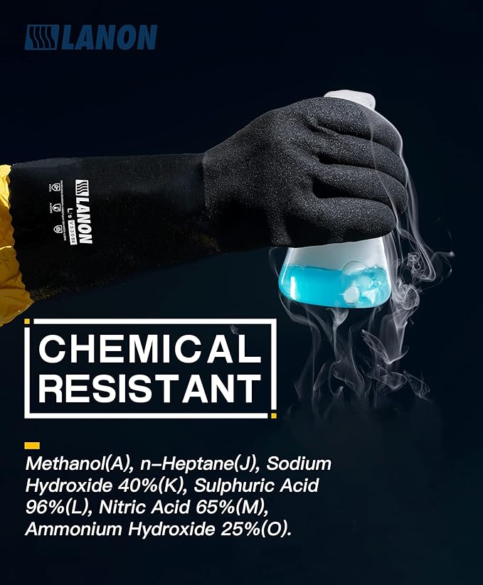 LANON 3 Pairs Nitrile Chemical Resistant Gloves, Reusable Heavy-Duty Rubber Gloves with MicroFoam Textured Palm, Acid, Alkali and Oil Protection, Black, XL