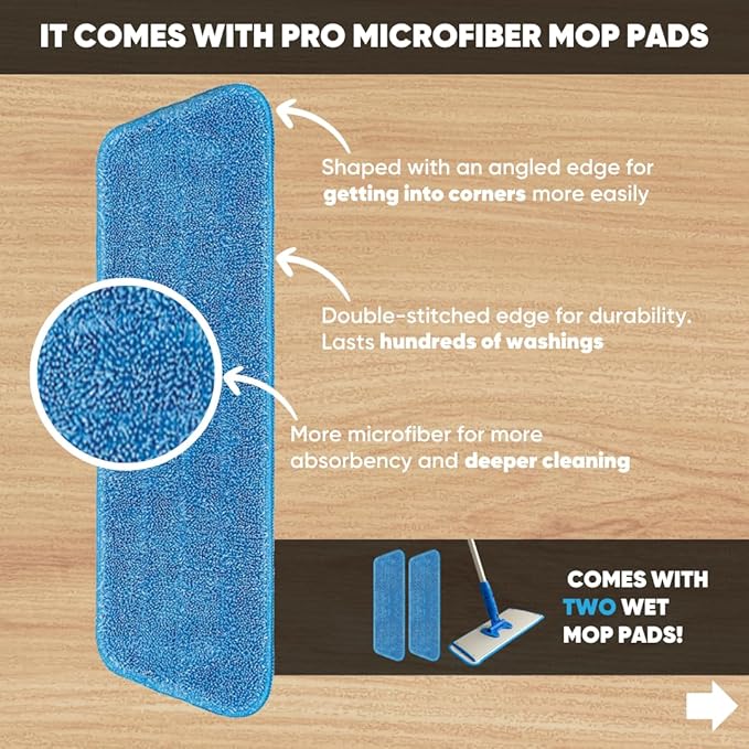 Cinch Mop - Microfiber Mop for Hardwood Floors - Flat Mops System for Wood, Tile, Laminate, Vinyl, 2 Wet Pads Refills, Reusable Micro Fiber Mopping Heads