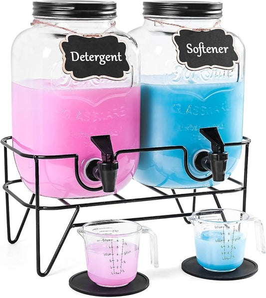 128OZ Laundry Detergent Dispenser BY VEGEVIGI, Glass Liquid Laundry Soap Dispenser, 2 Pack Fabric Softener Organizer