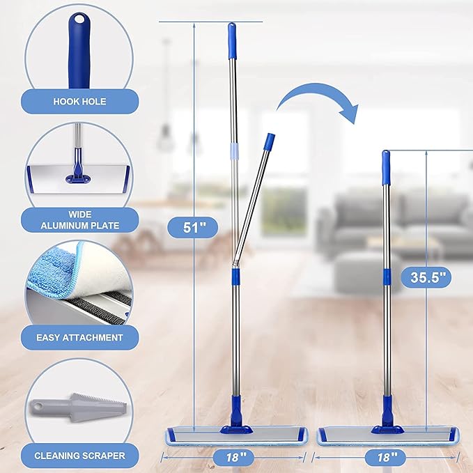 Professional 18" Microfiber Mop - Flat Mop with Stainless Steel Handle, 2 Reusable Washable Pads, Hardwood & Laminate (Blue)