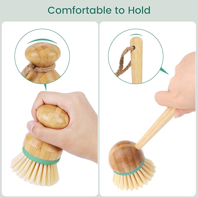 TOPULORS Set of 3 Bamboo Dish Scrub Brushes Wooden Handle Stiff Bristles Scrubbers for Cast Iron Pans Pots Vegetables Sink Cleaning - Durable Kitchen Dish Washing Brush (2 Mini and 1 Long Handle)…
