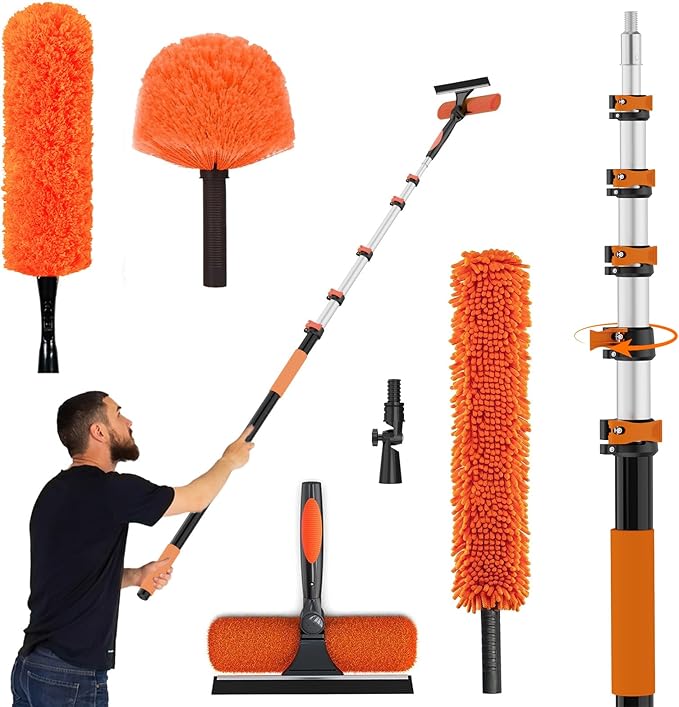 30FT High Ceiling Duster Kits with 5-24FT Telescoping Extension Pole - Fan Blade Cleaner, Cobweb Remover & Window Cleaning Kit, Washable Dust Brush for High Roof and Glass Surfaces
