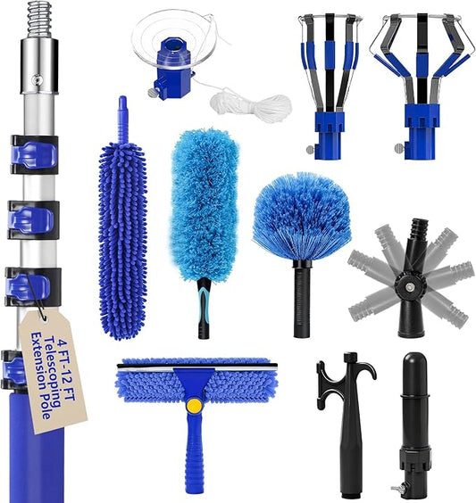 20FT Light Bulb Changer for High Ceilings with 5-12FT Heavy Duty Extension Pole,High Ceiling Ceiling Fan Cleaner Duster Kit for Home & House High Window, Interior Roof Window Cleaning Blue