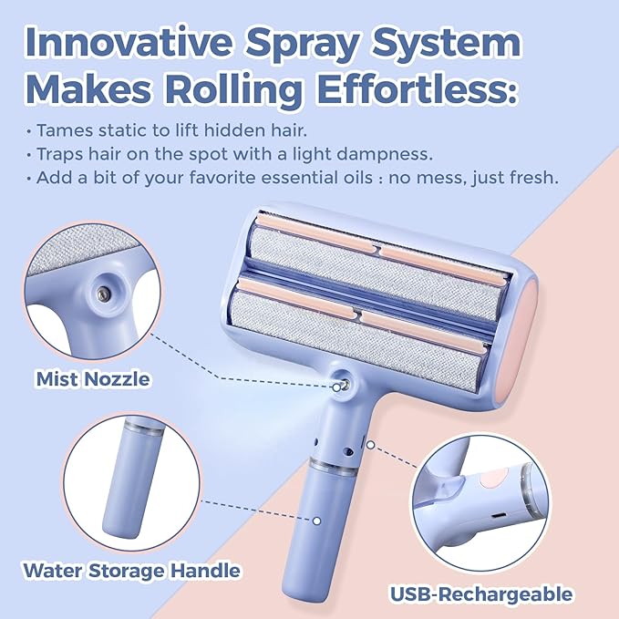 Pet Hair Remover, Pet Hair Removal Tool, Reusable Lint Roller with Double Roller,Cat and Dog Hair Remover for Furniture, Couch, Carpet, Car, Dual Trapping compartments with Spray Function