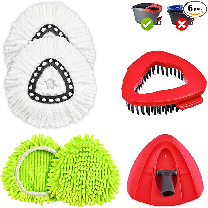 6 Pack Mop Heads Replacement for Ocedar EasyWring 1 Tank Spin Mop System,Include 2 Microfiber Spin Mops Replace Head&2 Chennile Mops Head Machine Washable with Scrubber Mopp Head and Base for Cleaning