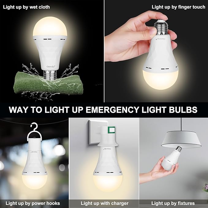 2 Pack Rechargeable Emergency Light Bulbs,Battery Operated Light Bulb for Power Outage Hurricane Camping 9W E27 3000K Warm 1200mAh Battery Backup Soft Light Bulbs for Lamps,Battery Led Bulb