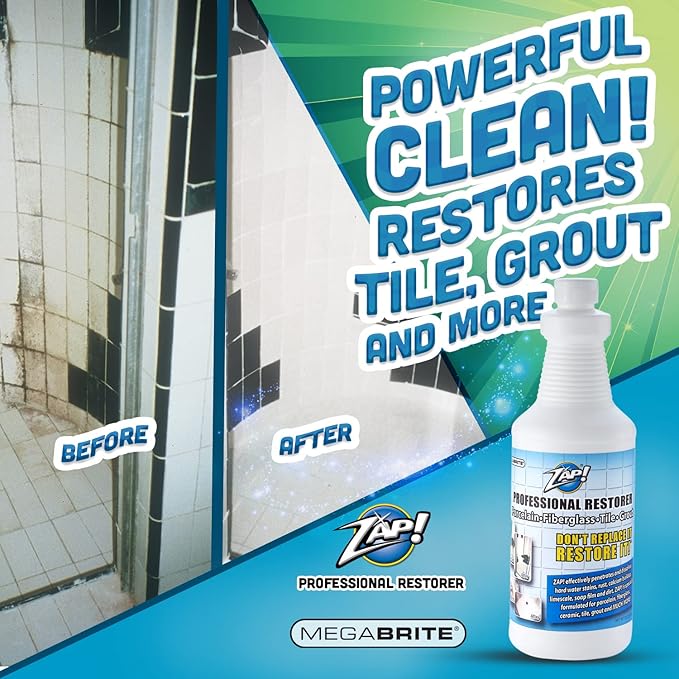 Megabrite - ZAP! Professional Tile & Grout Restorer | Cleans & Restores Porcelain, Fiberglass, Tile, & Grout Surfaces | Rust & Hard Water Remover | Kitchens & Bathroom Porcelain Sinks, Toilets, & Tubs
