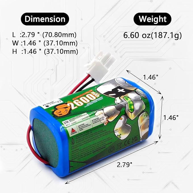 (2-Pack) 14.8V 2600mAh Li-ion Battery, Compatible with iLife A4 A4s A6 A7 A9 V3 V5 V5s V7 Series and Ecovacs Deebot V7 CEN660 CR120 CR130 DG800 X500 Zaco A6 A8 A9 Dibea D960 GT9 V780 4ICR19/65
