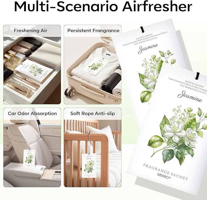 MYARO 12 Packs Jasmine Scented Sachets for Drawer and Closet, Long-Lasting Air Freshener Sachets Bags Drawer deodorizers Fresh Scents, Home Fragrance for Lover