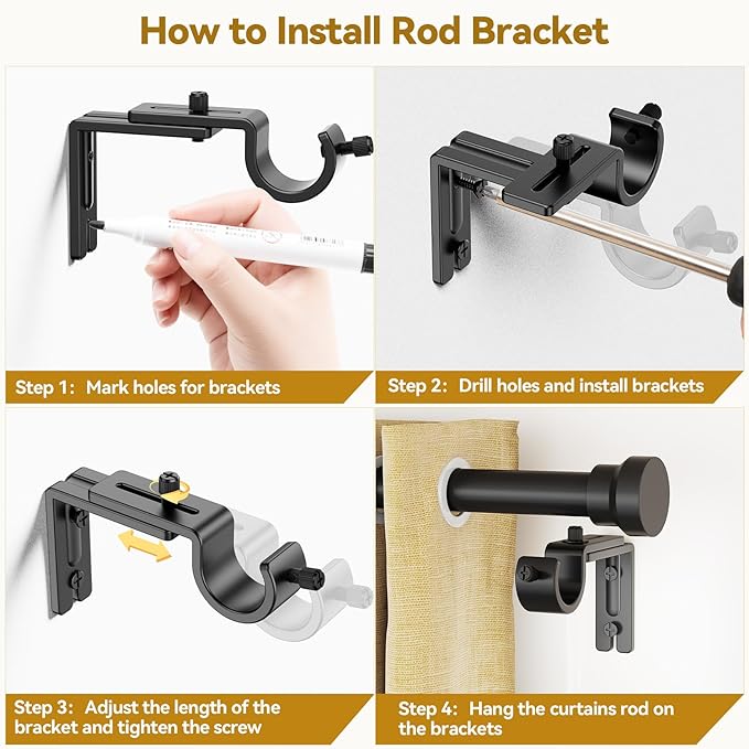 Curtain Rod 32-118 Inch, Heavy Duty 1 Inch Adjustable Curtain Rods for Windows, Black Long Window Treatment Rods, Modern Design, Easy Installation