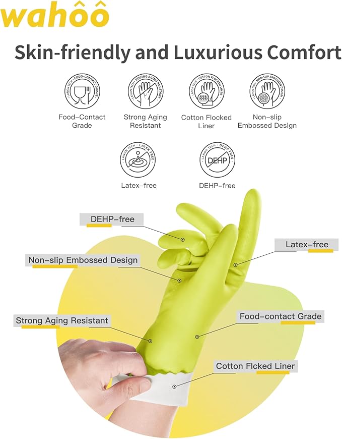 wahoo Skin-Friendly Cleaning Gloves, Cotton Flocked Lined Dishwashing Gloves, Reusable, Non-Slip, Waterproof, Bud Tender, Large