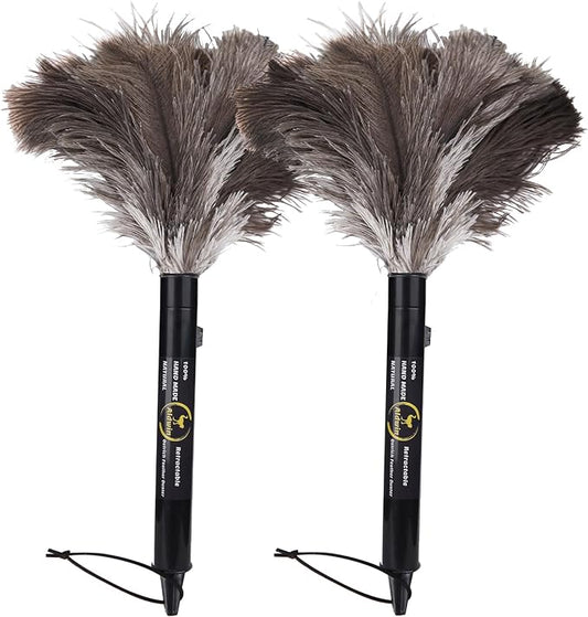 Aldwin Ostrich Feather Duster Retractable 2 Pack,16 inch Genuine Fluffy Natural Handheld Feather Dusters for Cleaning Supplies, Washable,Car, Office, Desk