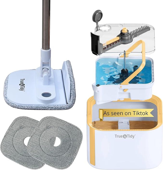 True & Tidy® TrueClean Spin Mop 2.0 w/Detachable Inner Bucket, Self Standing, Separates Clean and Dirty Water, Foldable Square Mop Head, Triple Jet Stream w/Hidden Brush, Replaceable 2pc Pads