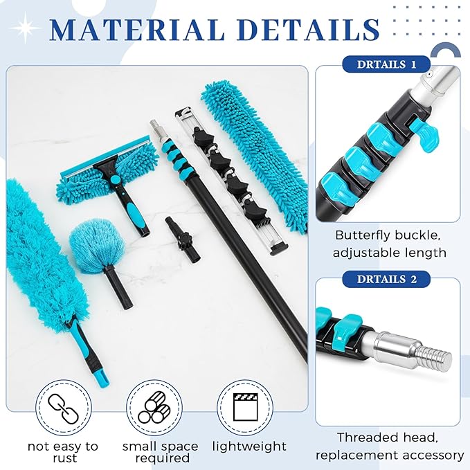 Acellegic 36ft High Ceiling Duster Kits with 7-30ft Extension Pole Heavy Duty, Ceiling Fan Duster and Feather Cleaner, Cobweb Remover & Blue Window Squeegee Kit, Household Cleaning Supplies