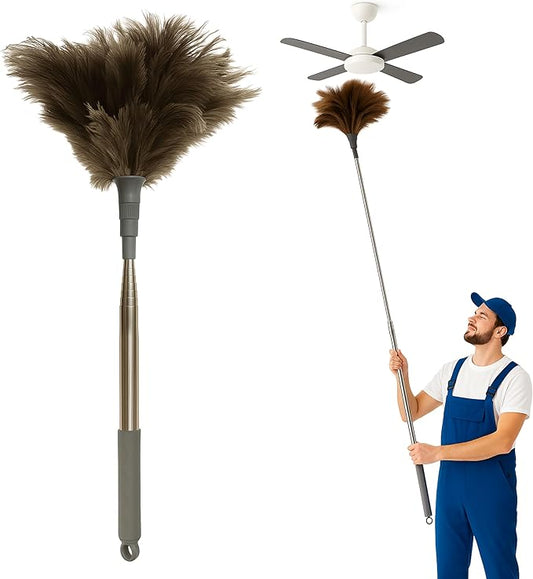 Extra Long Ostrich Feather Duster – 79" (2 m) Extendable Telescopic Handle, Natural Soft Feather Brush, Durable Reusable Cleaning Tool for Ceiling Fans, High Shelves, Furniture, Delicate Surfaces