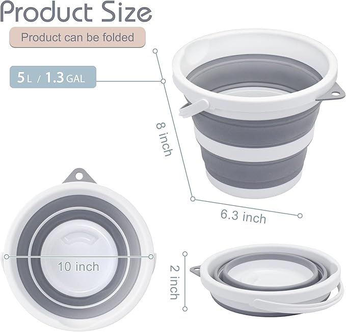 2-Pack Small Collapsible Bucket 1.3 Gal/5L, BPA-Free - Space-Efficient, Portable Foldable Water Pail for Household, Outdoor Use, Car Wash, Camping, Fishing - Grey