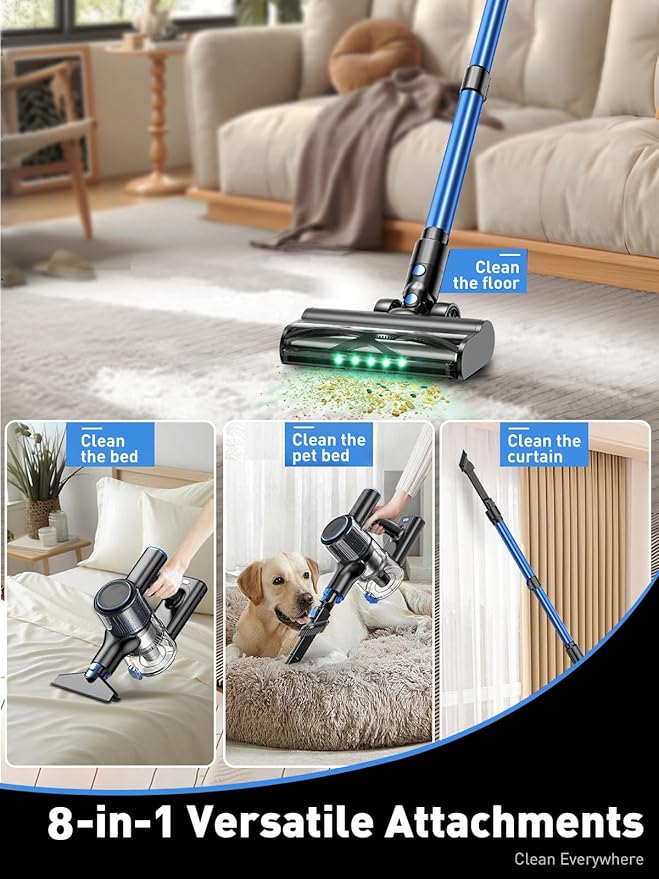 OUYFHK Cordless Vacuum Cleaner, 45000Pa/450W/50Mins Vacuum Cleaners for Home, 8-in-1 Stick Vacuum with LED Screen, Anti-Tangle, Lightweight Rechargeable Vacuum for Carpet Pet Hair Hardwood Floor Blue