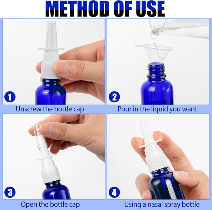 20 Pcs Nasal Spray Bottles, 30ML/1oz Blue Glass Refillable Fine Mist Empty Nasal Spray Bottle with 4 Pcs Funnels and 4 Pcs Labels…