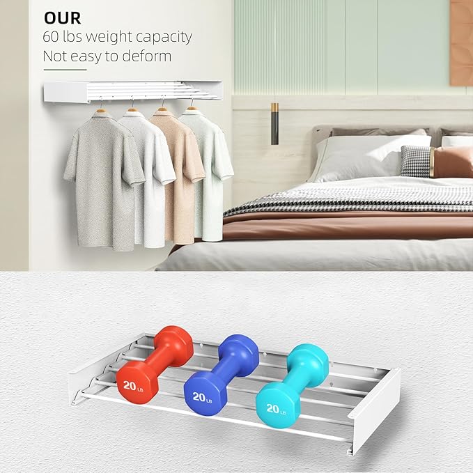 Laundry Drying Rack, Collapsible Wall Mounted Clothes Drying Rack - Drying Rack Clothing Foldable,Space Saving, 31.5" Wide, 13.2 Linear Ft, 5 Aluminum Rods, 60 lb Capacity (White, 31.5")
