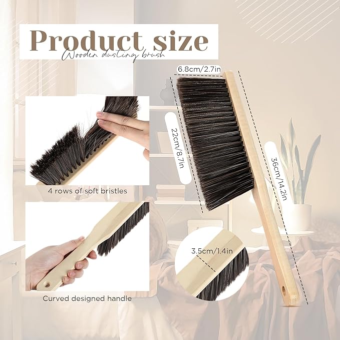 Tioncy 8 Pieces Wooden Dust Brush Bulk Hand Broom Bench Soft Bristle Cleaning Outdoor Furniture Brushes with Long Wood Handle for Cleaning Car Bed Sofa Fireplace Couch Clothes