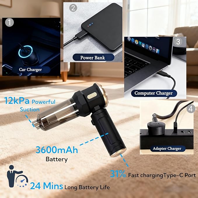 Handheld Car Vacuum Cleaner, 12000Pa Vacuum Cleaner and Air Duster, Portable Cordless Hand Held Vacuum with Brushless Motor and Multi-Nozzles for Car, Home, Office, Pet