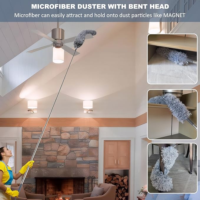100 Inch Cobweb Duster, Spider Web Brush & Microfiber Feather Duster with 100" Extension Pole, Bendable Head, Scratch-Resistant Cover, Washable Duster for Home Ceiling, Fan, Furniture (Gray)