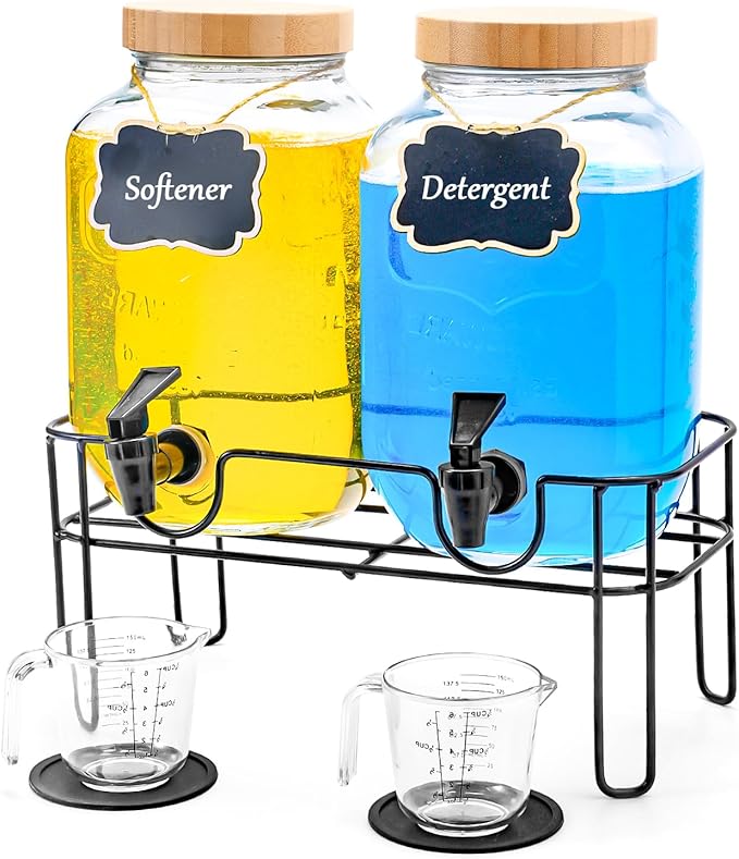 Liquid Laundry Detergent Dispenser BY VEGEVIGI, 128OZ Glass Laundry Soap Disepnser Container, Fabric Softener Dispenser, Laundry Room Organization, 2P